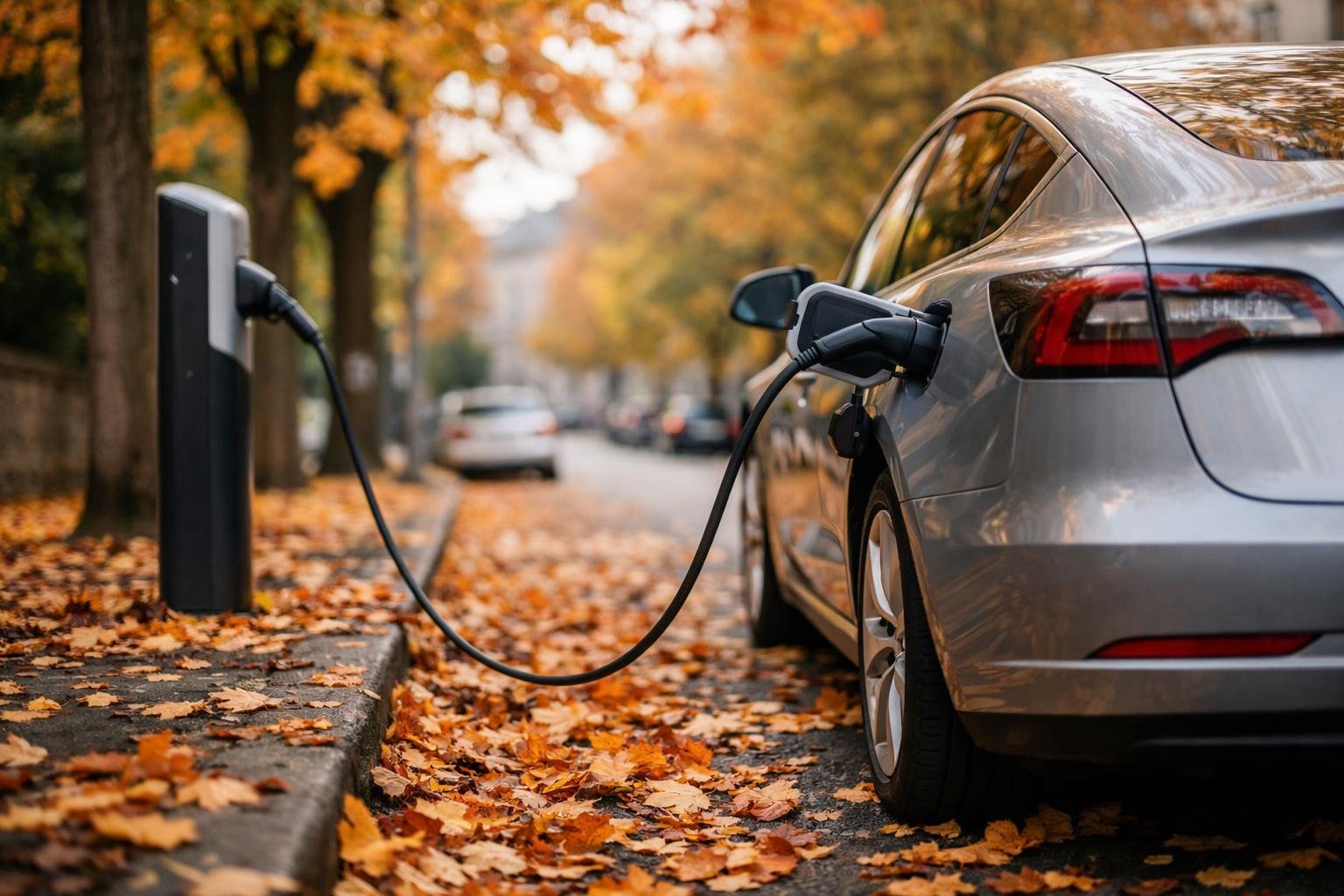 Elektroauto lädt an einer von Bäumen gesäumten Straße im Herbst. KI-generiertes Bild.