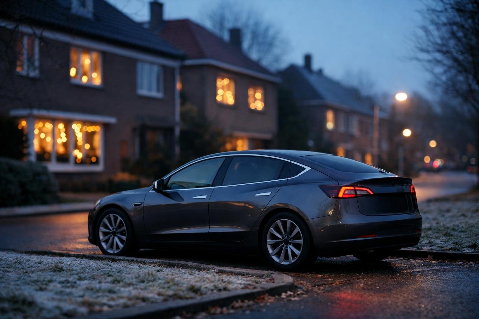 Elektroauto auf einer ruhigen Wohnstraße an einem klaren Abend. KI-generiertes Bild.
